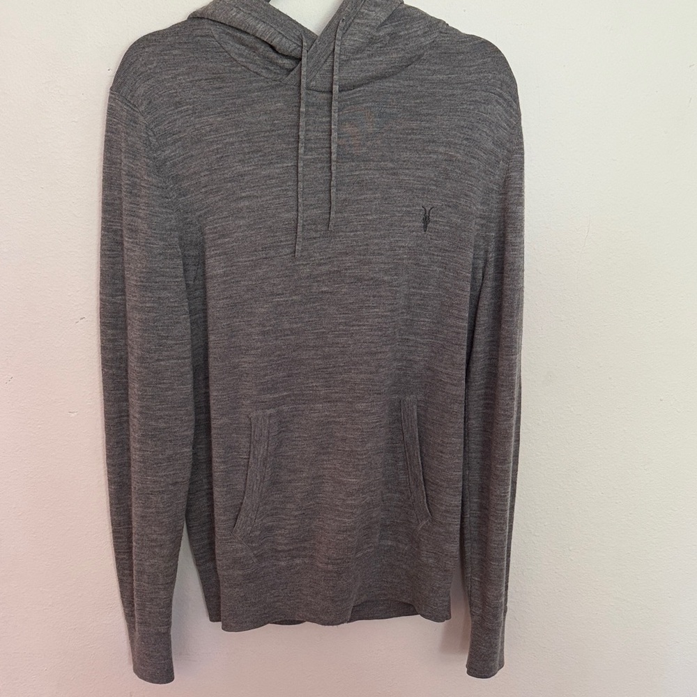 All Saints sz L Charcoal Grey 100% Merino Wool Hoodie for Men kangaroo pocket